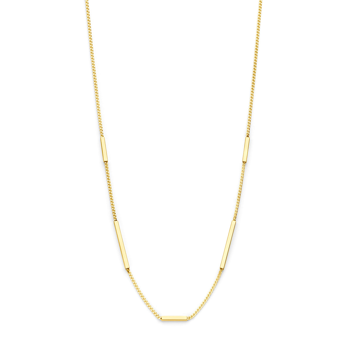 Vooraanzicht van de 14 karaat gouden halsketting fijne staafjes schakel, 40 cm lang met verlengstuk tot 44 cm.