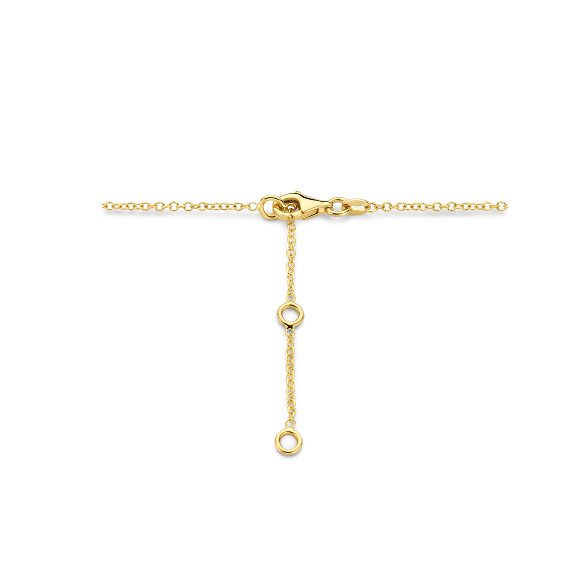 Detail van de sluiting van de 14 karaat gouden halsketting met gekleurde edelstenen.