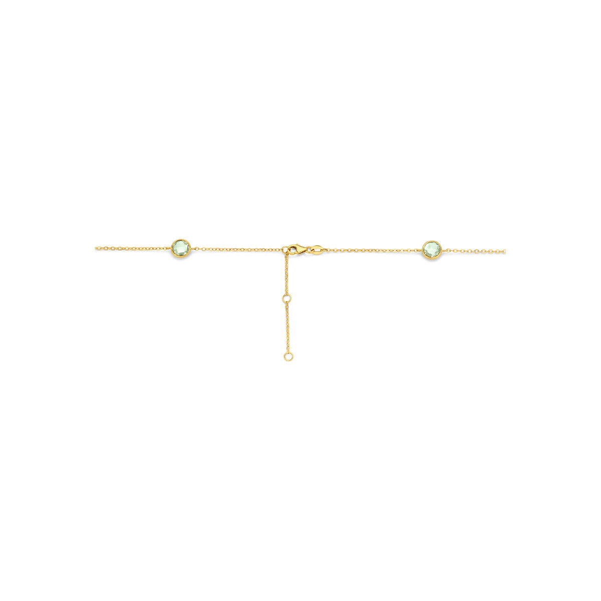 Detail van de sluiting van de 14 karaat gouden halsketting groene amethist.