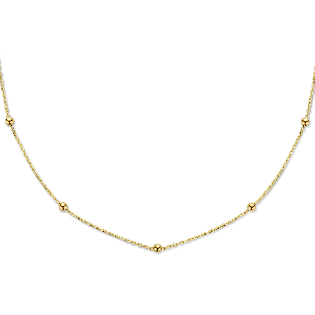 Vooraanzicht van de gouden halsketting met bolletjes van 14 karaat.
