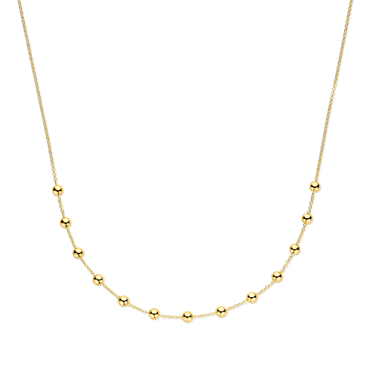 Vooraanzicht van de gouden halsketting met bolletjes van 14 karaat.