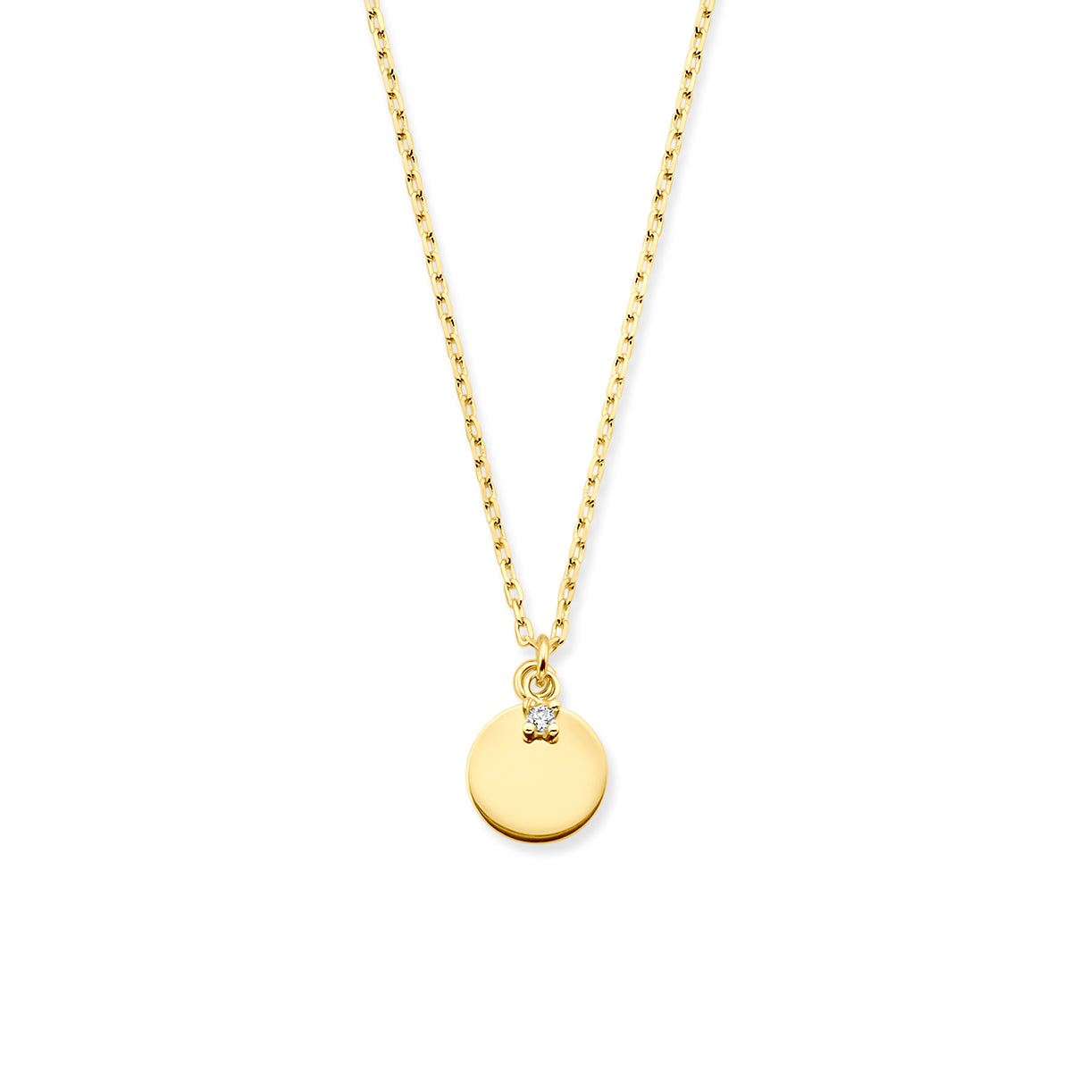 Vooraanzicht van de gouden halsketting met rondje en zirkonia van 14 karaat.
