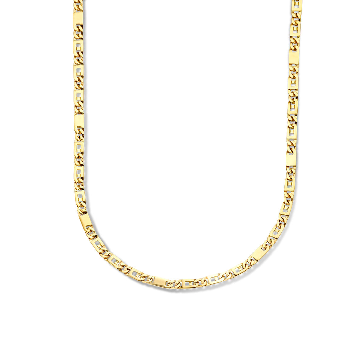 Vooraanzicht van de 14 karaat gouden halsketting met valkenoog voor heren, 50 of 60 cm lang en 4,7 mm breed.