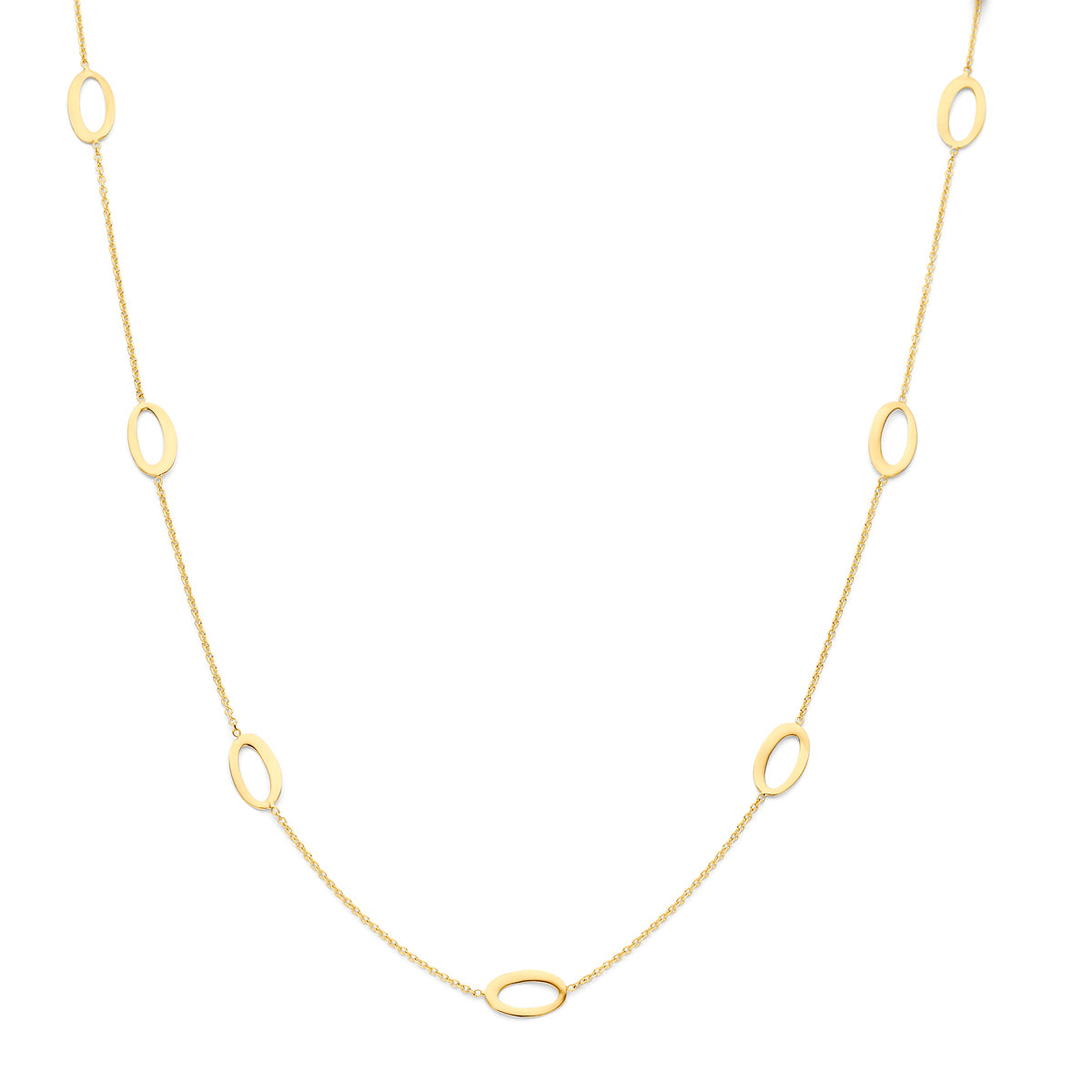 Vooraanzicht van de 14 karaat gouden halsketting open ovalen schakel, 41 cm lang met verlengstuk tot 45 cm.