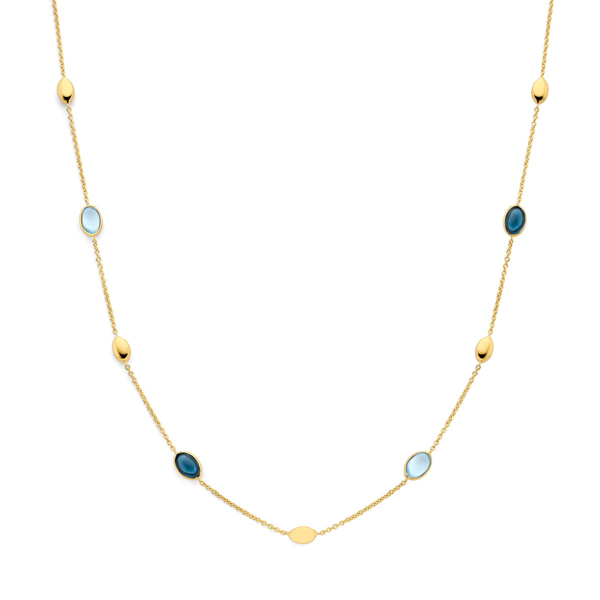Vooraanzicht van de 14 karaat gouden halsketting sky blue en london blue topaas ovaal, 45 cm lang.