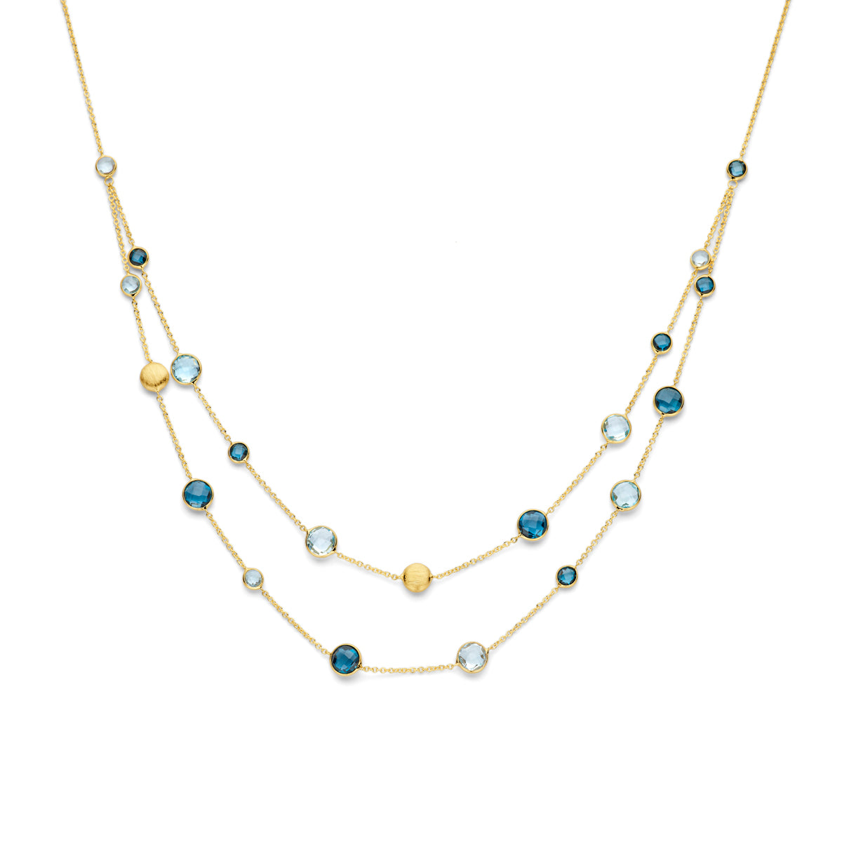 Vooraanzicht van de 14 karaat gouden halsketting met sky blue en london blue topaas, 45 cm lang.