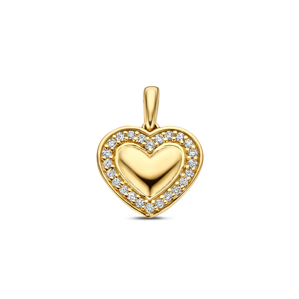 Vooraanzicht van de 14 karaat gouden hanger lab grown diamant 0,11 ct, 10 mm hoog en 11,5 mm breed.