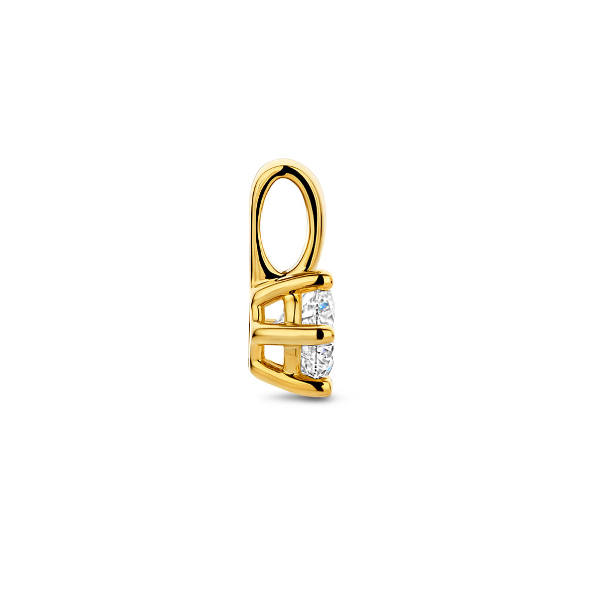 Zijaanzicht van de 14 karaat gouden hanger met lab grown diamant 0,50 ct, zodat de diepte van de hanger zichtbaar is.