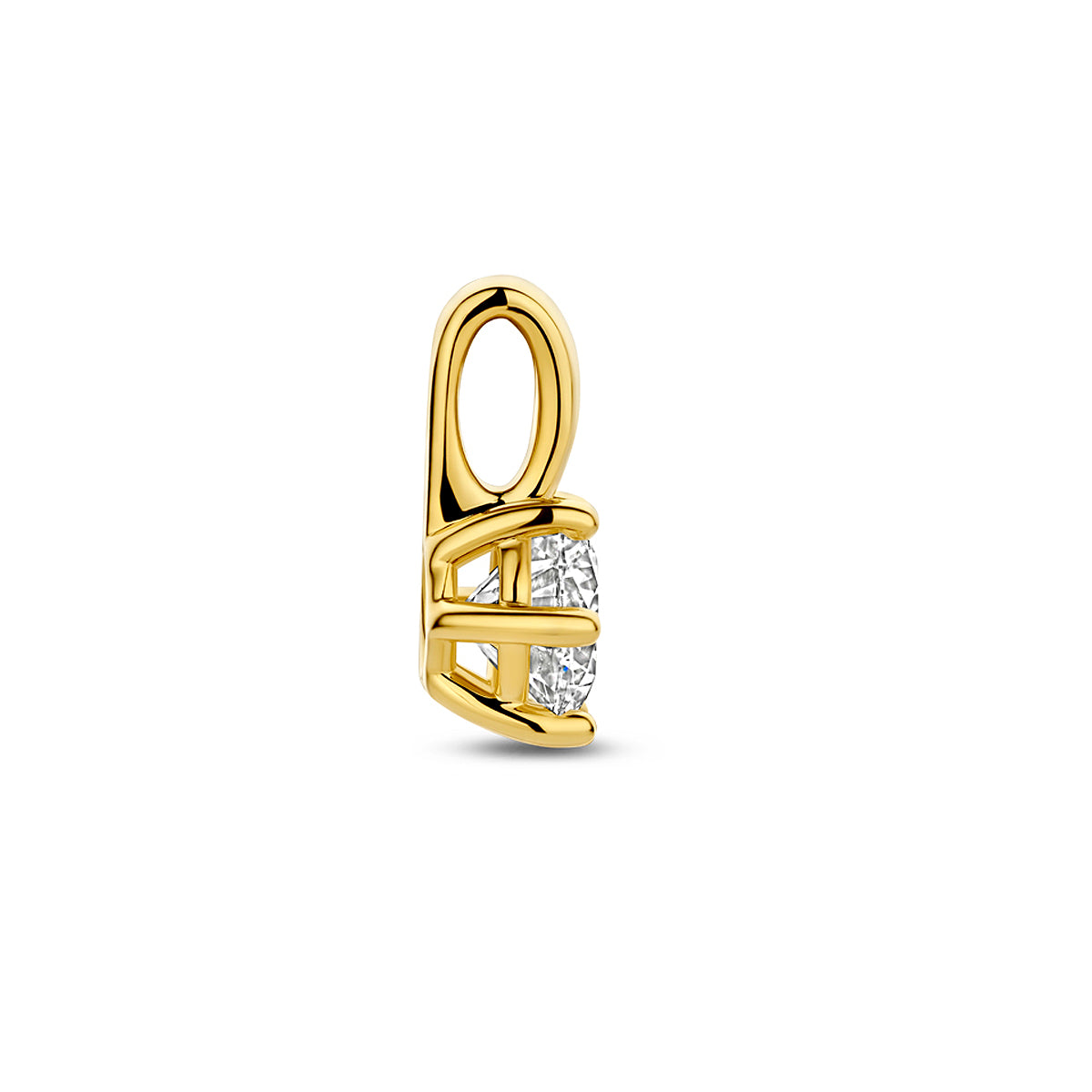 Zijaanzicht van de 14 karaat gouden hanger met lab grown diamant 0,75 ct, zodat de diepte van de hanger zichtbaar is.