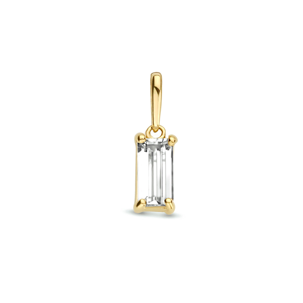 Vooraanzicht van de gouden hanger met baguette zirkonia van 14 karaat.