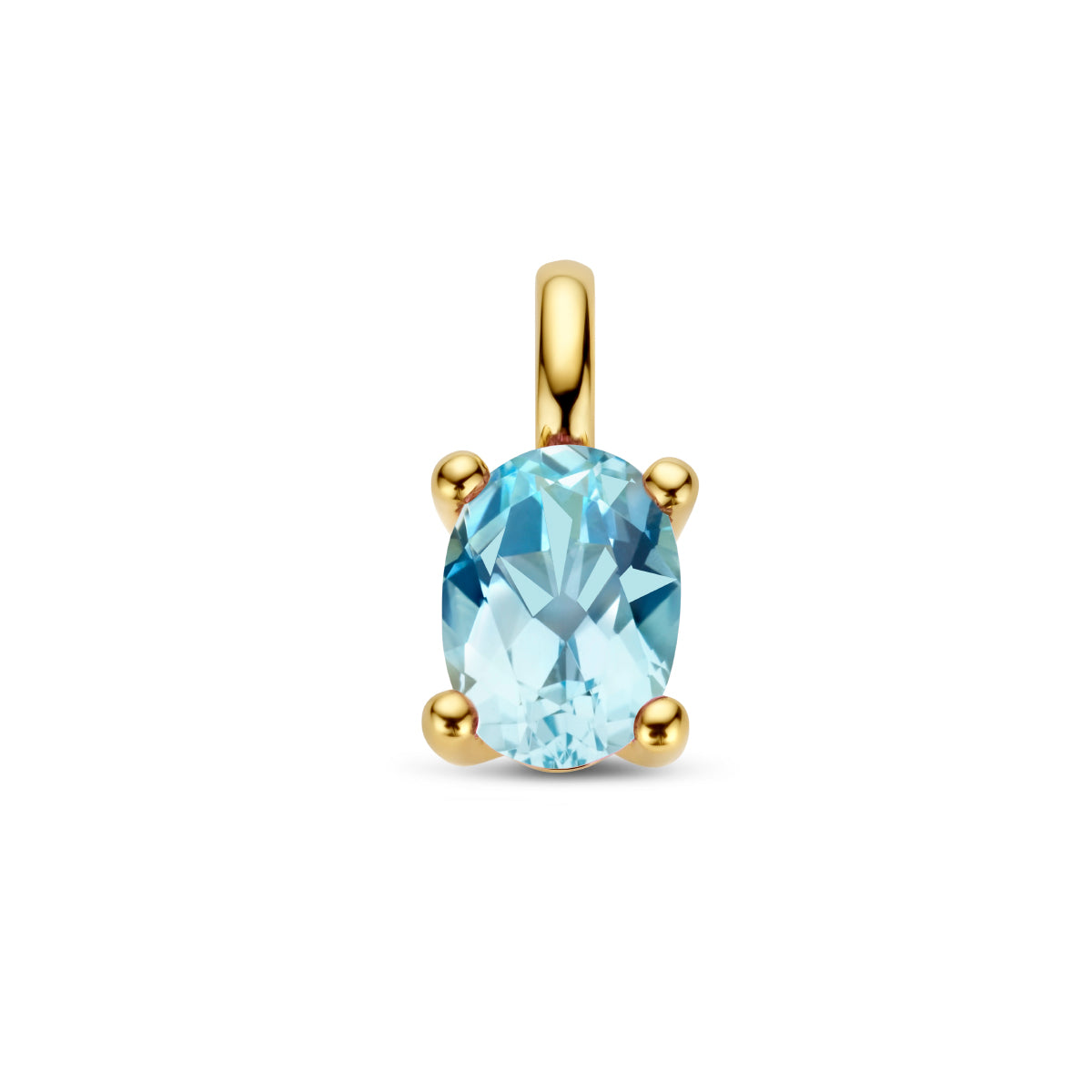 Vooraanzicht van de gouden hanger met blauwe topaas van 14 karaat.