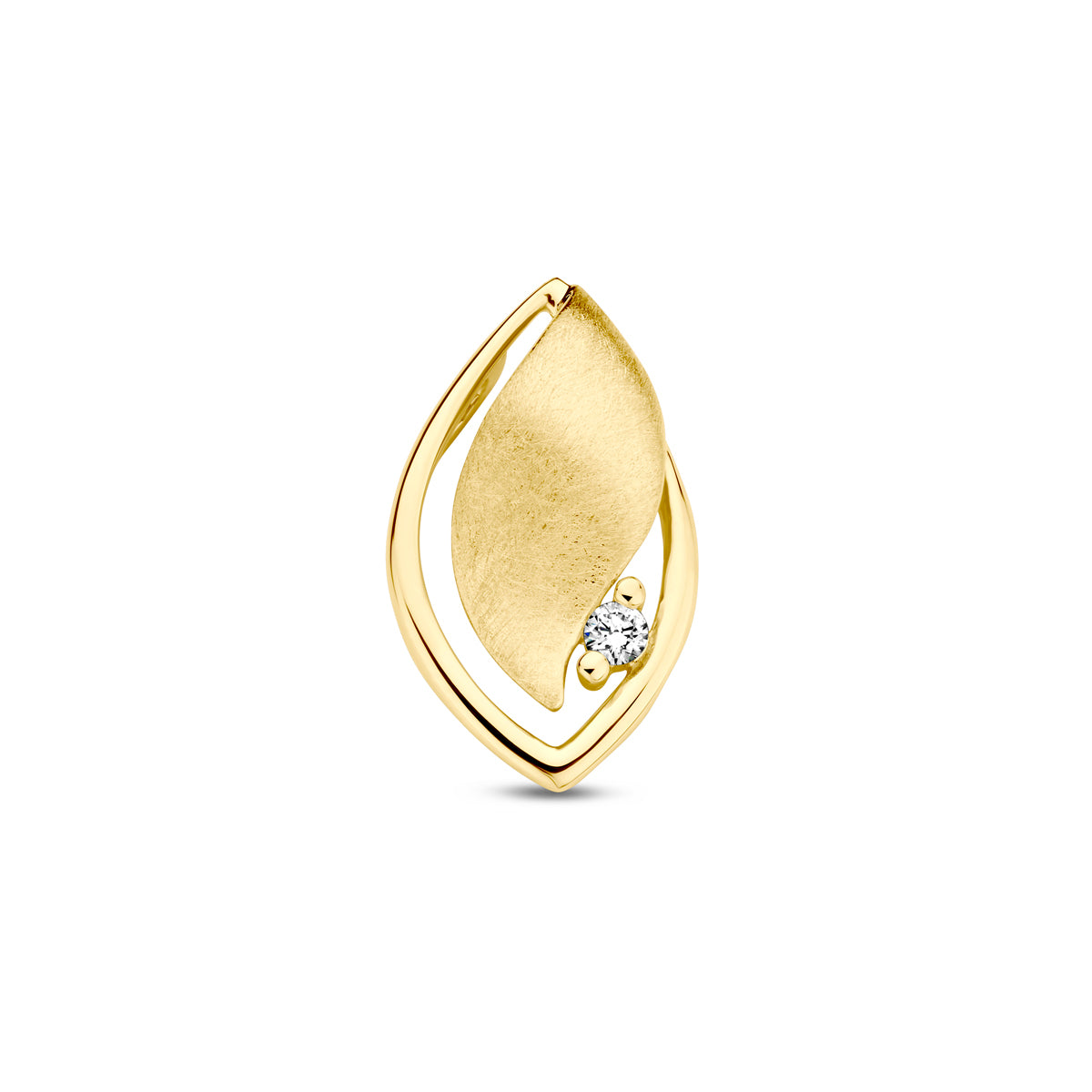 Vooraanzicht van de gouden hanger met diamant van 14 karaat.