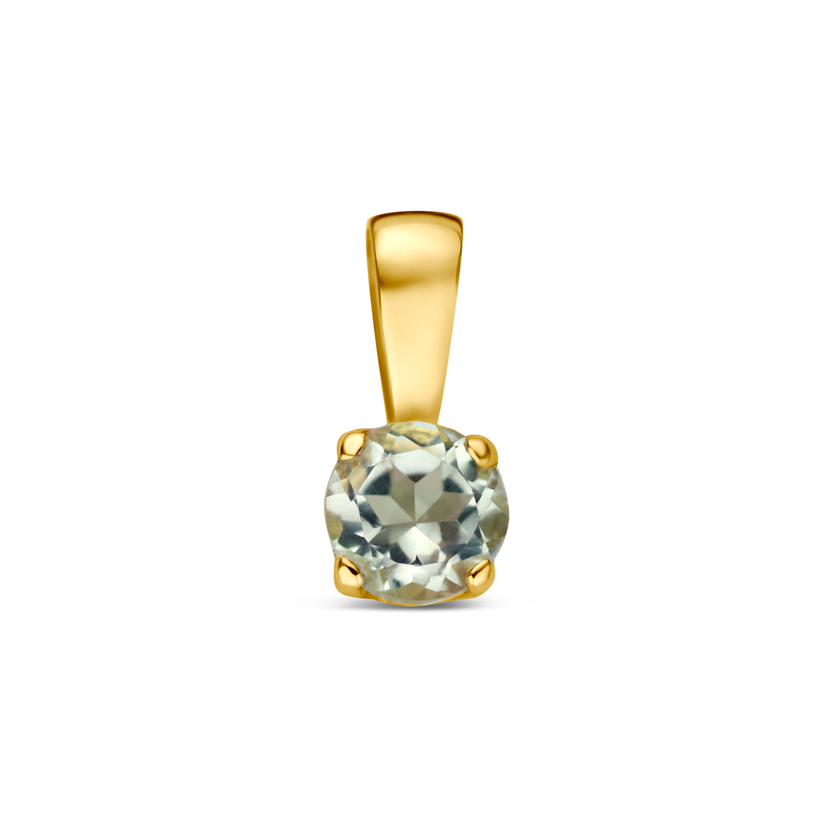 Vooraanzicht van de gouden hanger met groene amethist van 14 karaat.
