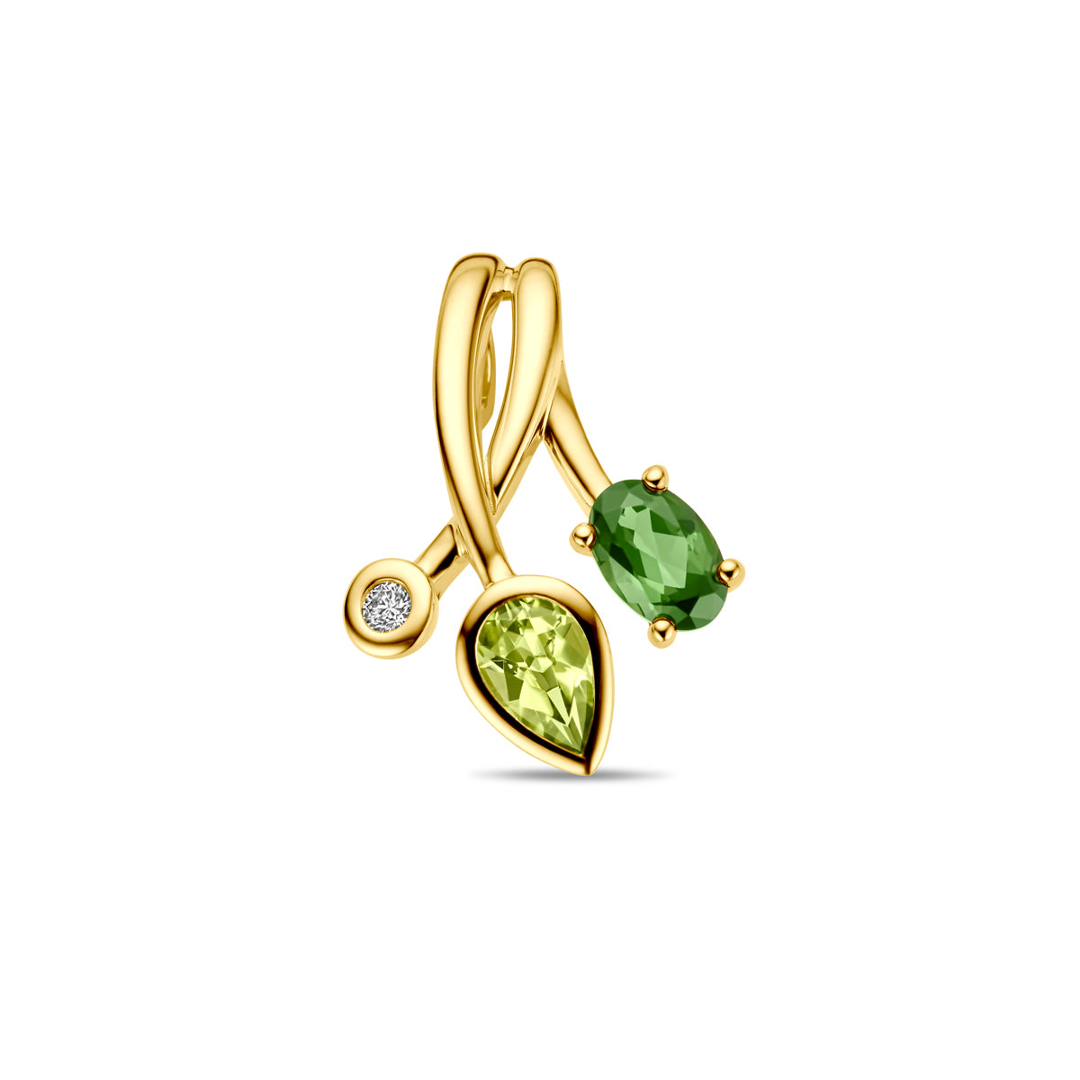 Vooraanzicht van de gouden hanger met toermalijn, peridoot en diamant van 14 karaat.
