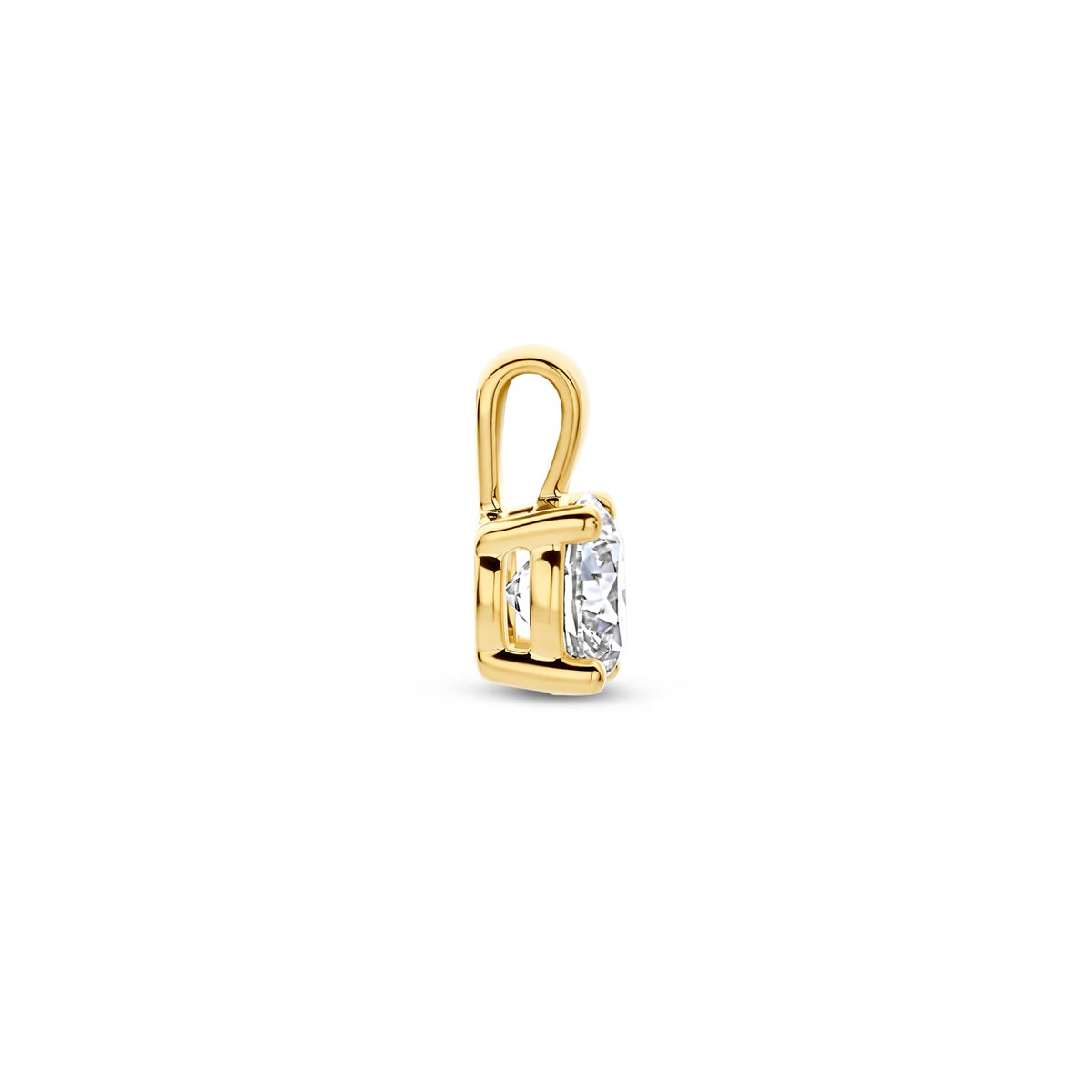 Zijaanzicht van de gouden hanger met lab grown diamant van 14 karaat, 0,10 ct.