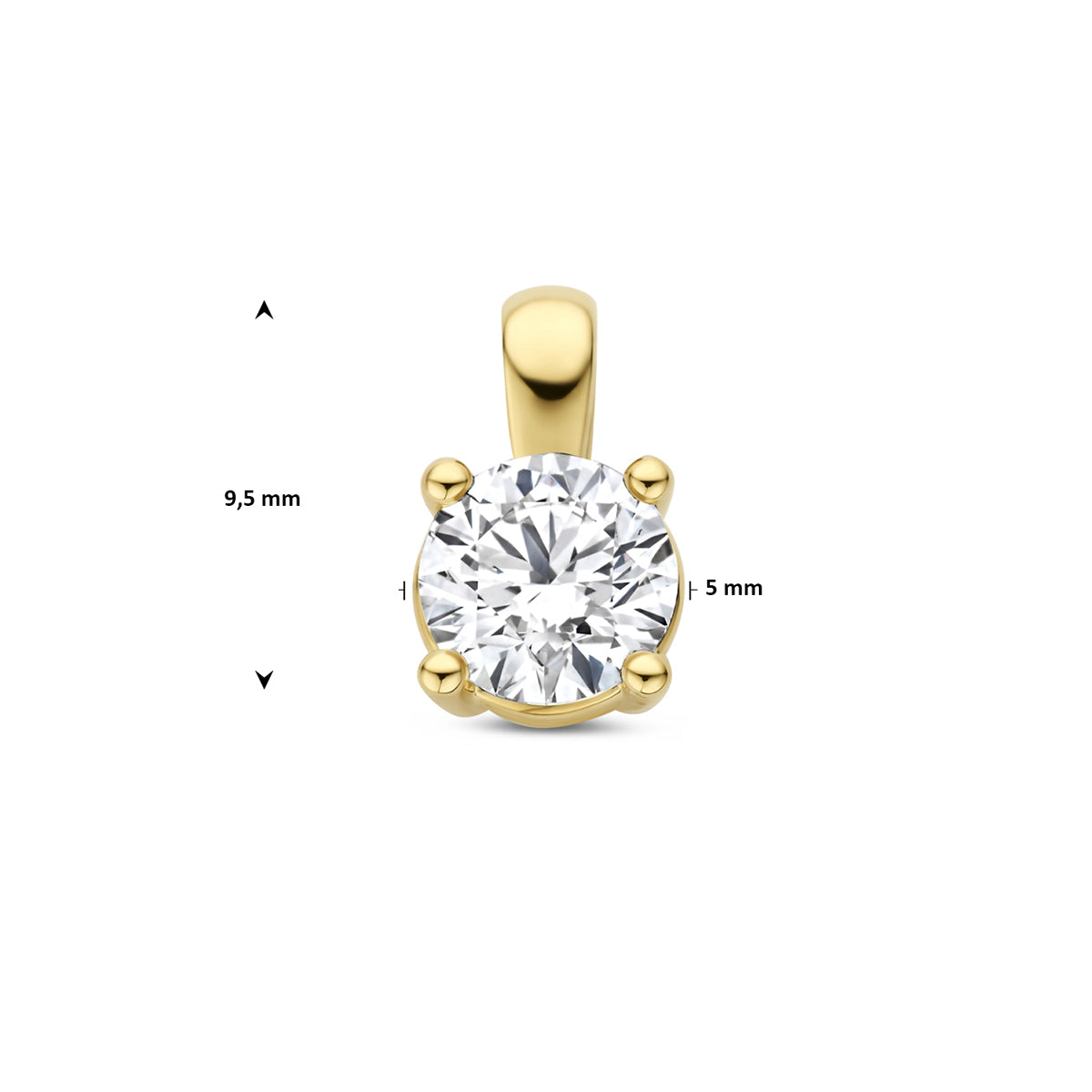 Afmetingen van de gouden hanger met lab grown diamant van 14 karaat: 9,5 mm hoog inclusief oog, steen van 5 mm, 0,50 ct.