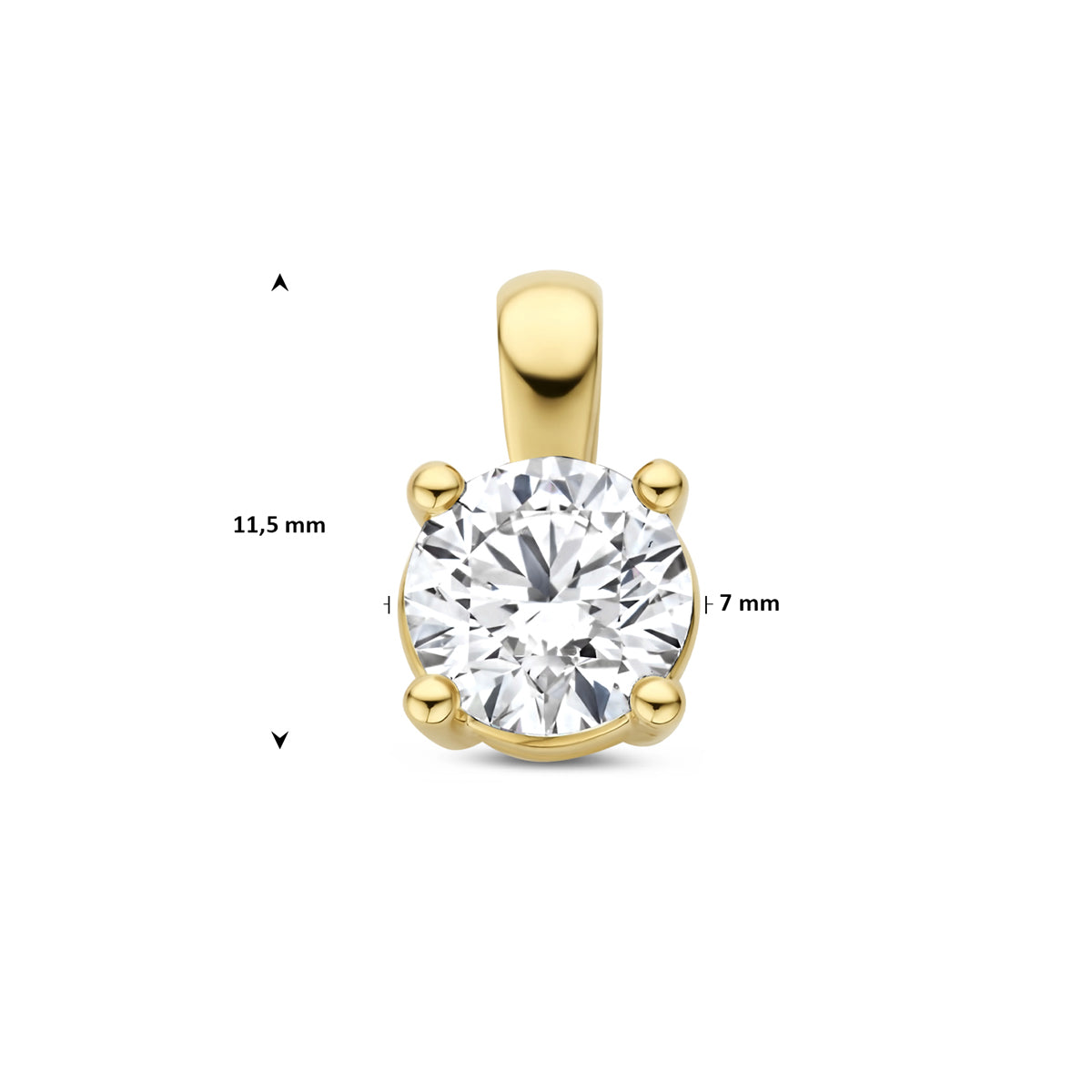 Afmetingen van de gouden hanger met lab grown diamant van 14 karaat: 11,5 mm hoog inclusief oog, steen van 7 mm, 1,00 ct.