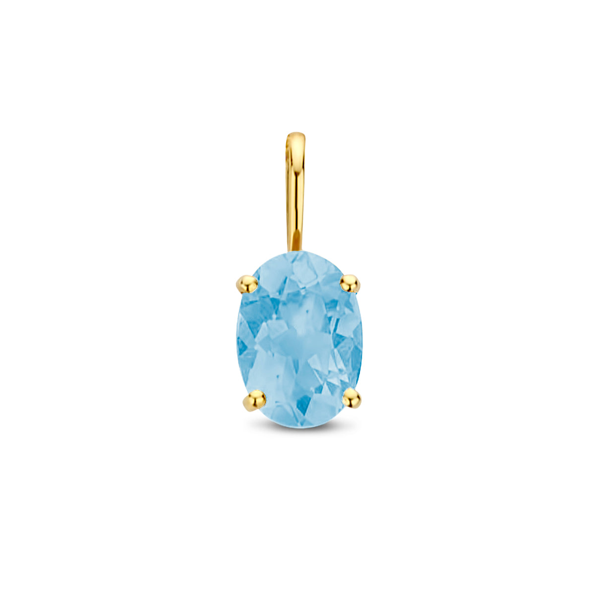 Vooraanzicht van de gouden hanger met blauwe topaas van 14 karaat.