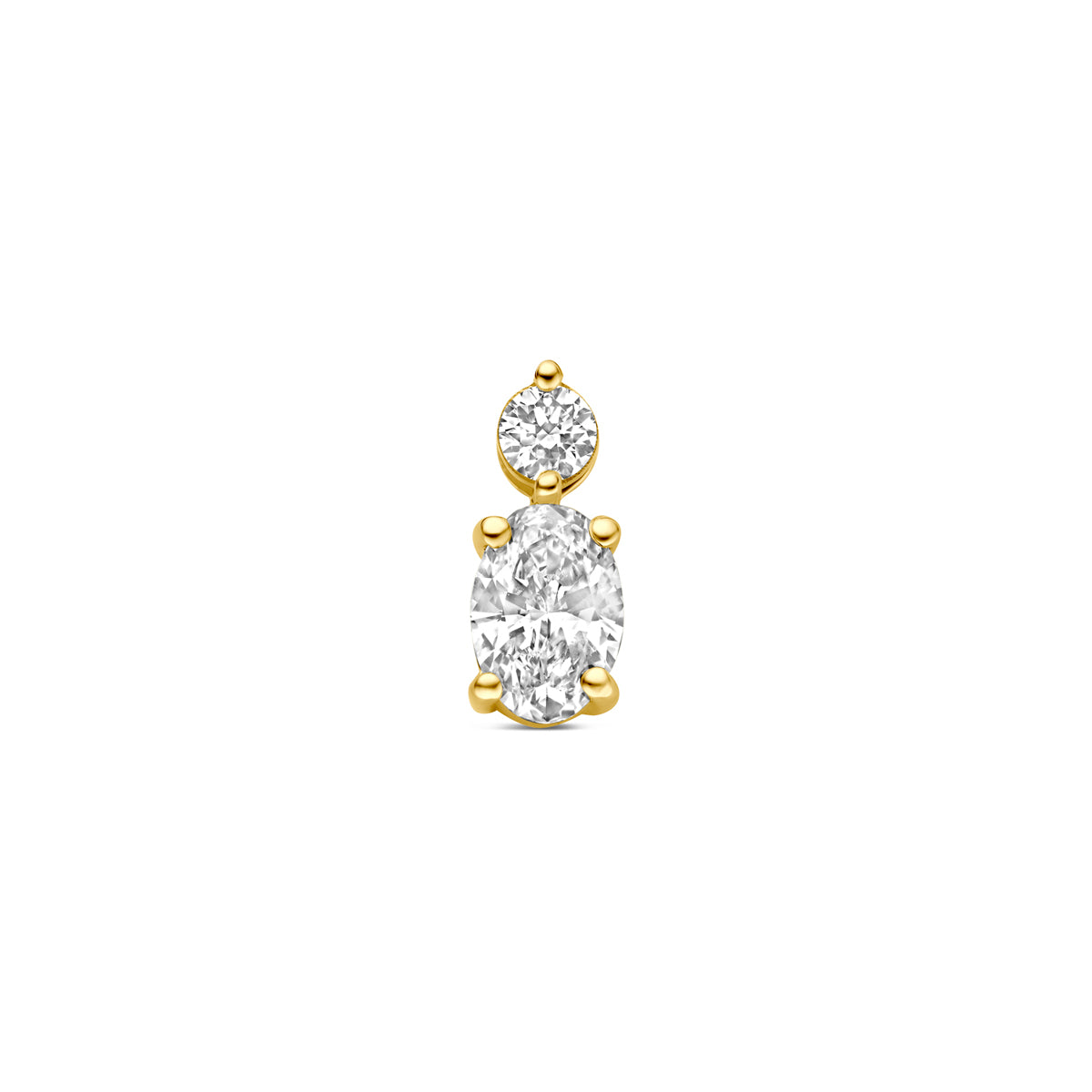 Vooraanzicht van de gouden hanger met ovale lab grown diamant van 14 karaat.