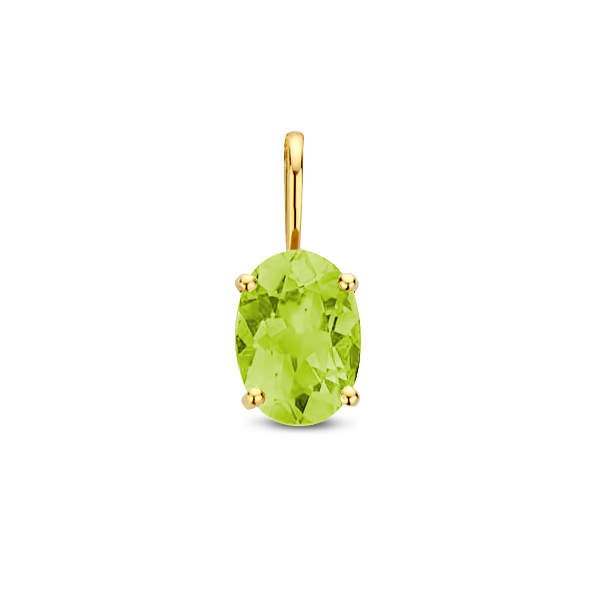 Vooraanzicht van de gouden hanger met peridoot van 14 karaat.