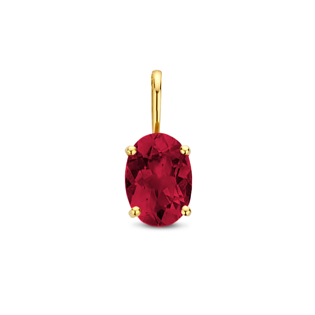 Vooraanzicht van de gouden hanger met rhodoliet van 14 karaat.