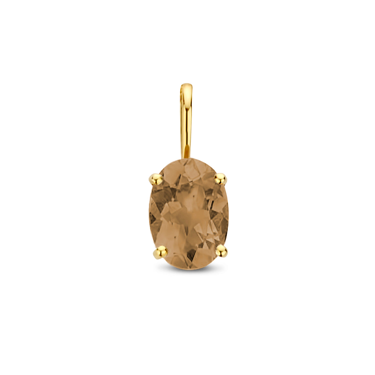 Vooraanzicht van de gouden hanger met rookkwarts van 14 karaat.