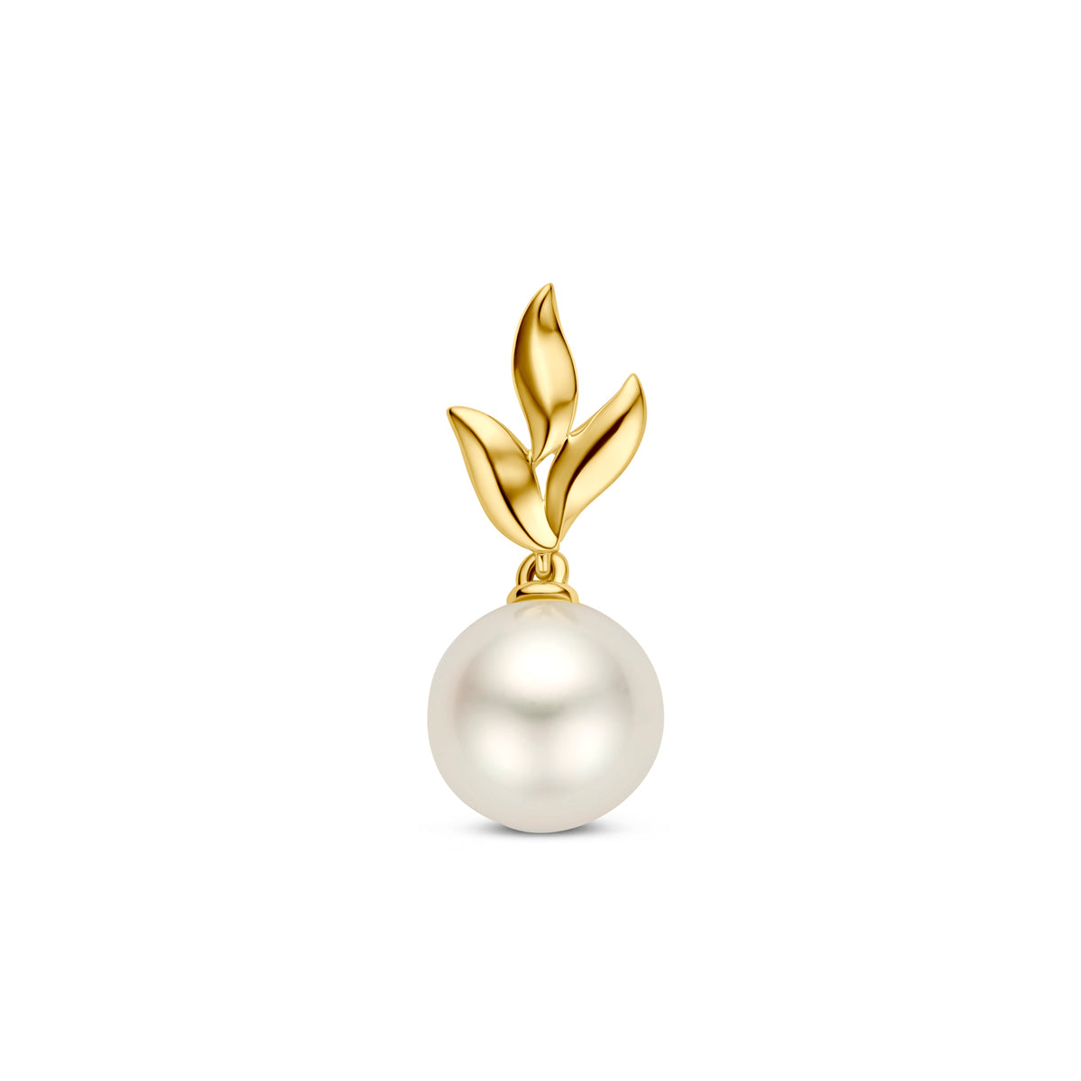 Vooraanzicht van de gouden hanger met parel van 14 karaat.