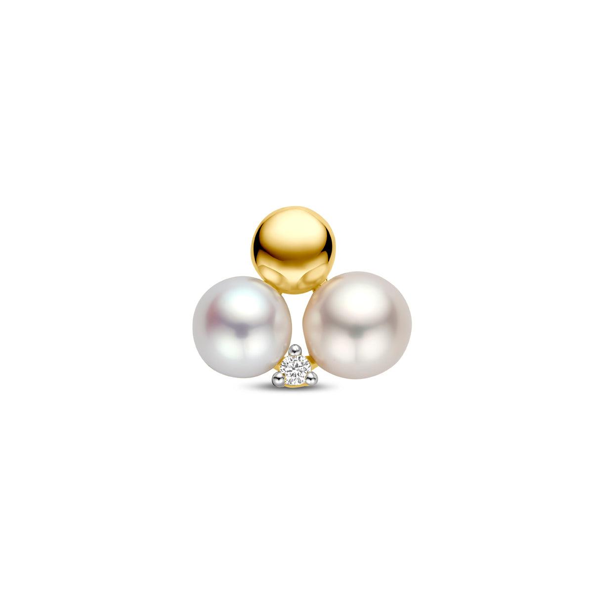 Vooraanzicht van de gouden hanger met parels en diamant van 14 karaat.