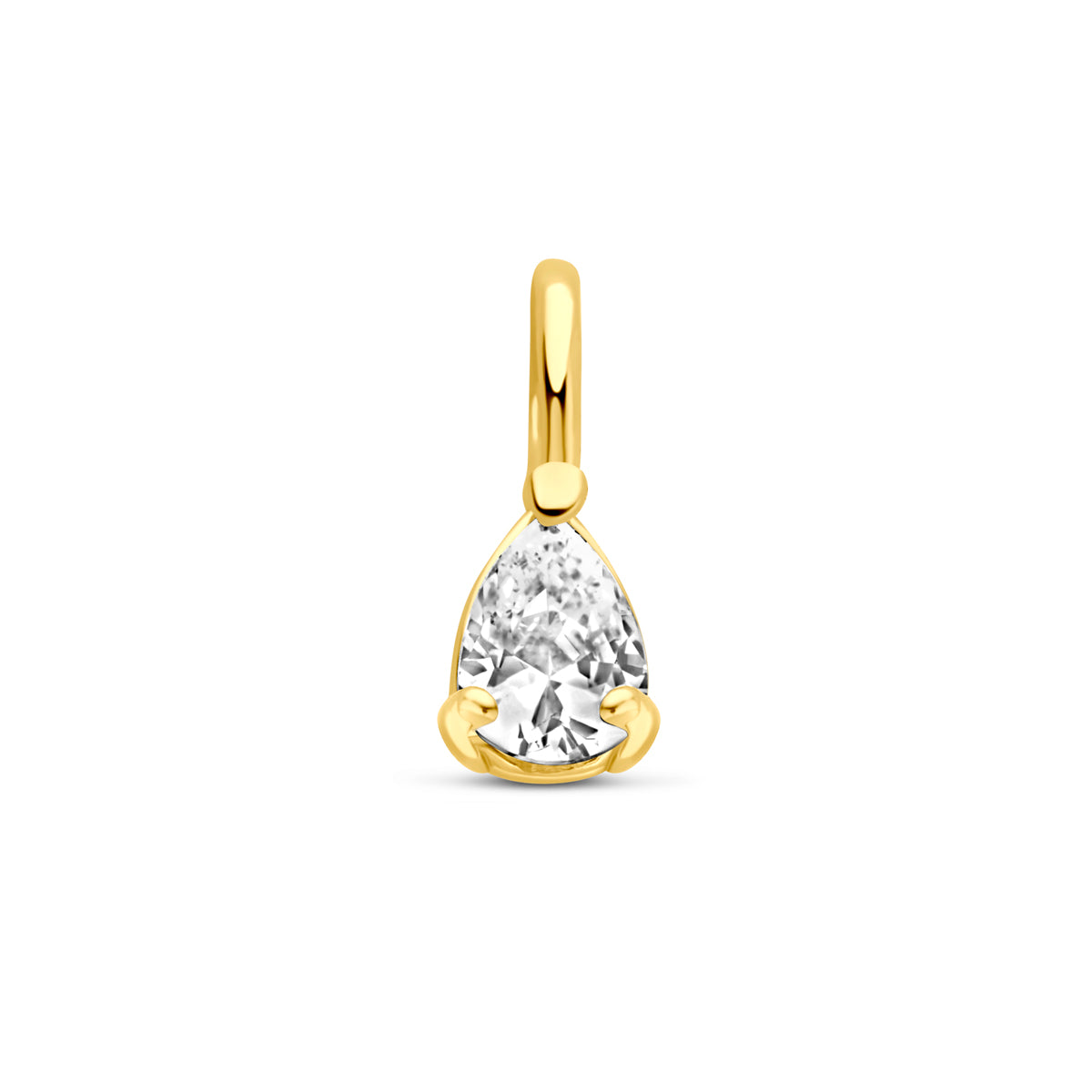 Vooraanzicht van de gouden hanger met peervormige zirkonia van 14 karaat.