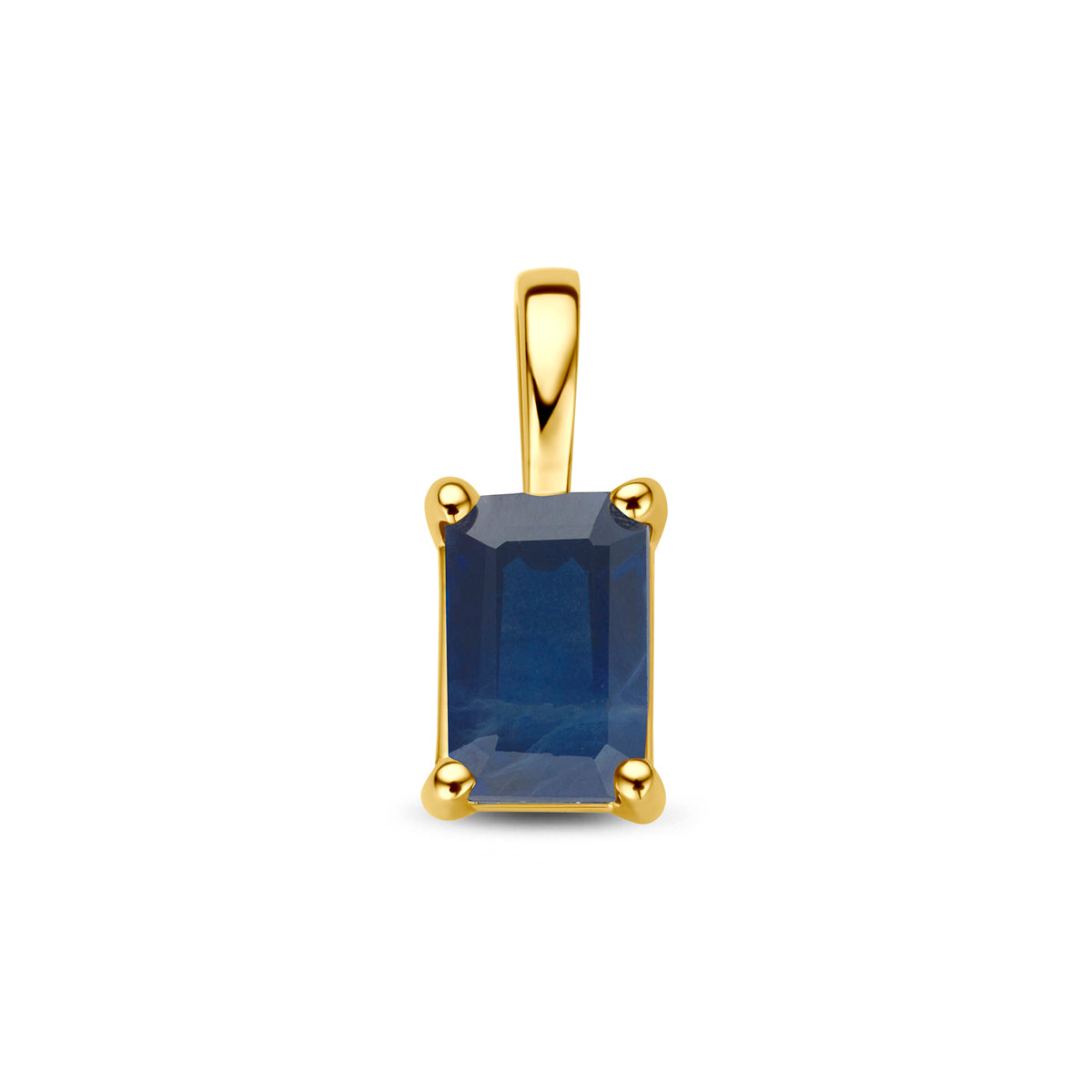 Vooraanzicht van de gouden hanger met saffier van 14 karaat.