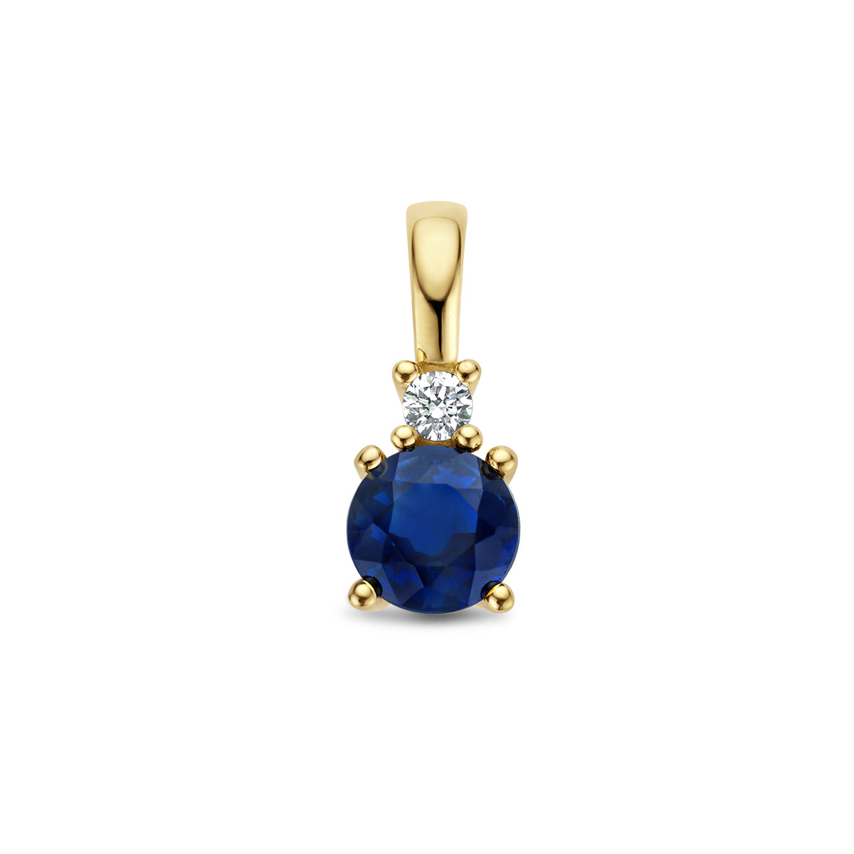 Vooraanzicht van de gouden hanger met saffier en diamant van 14 karaat.