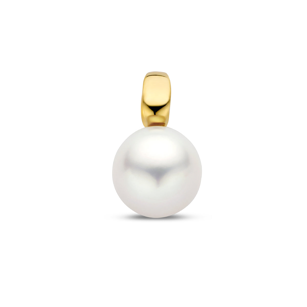 Vooraanzicht van de gouden hanger met parel van 14 karaat.