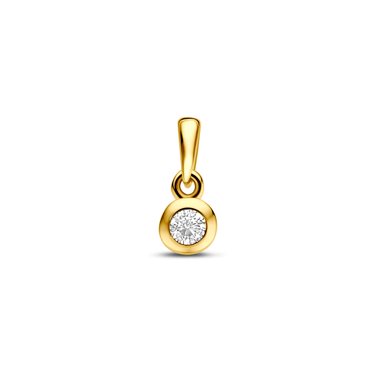 Vooraanzicht van de gouden hanger met zirkonia van 14 karaat.
