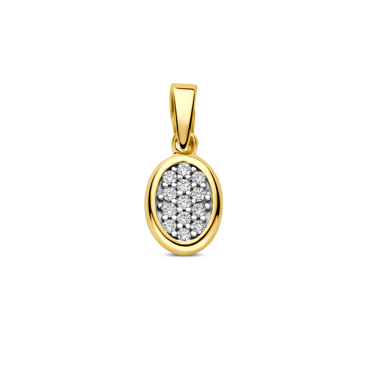 Vooraanzicht van de 14 karaat gouden hanger pavé zirkonia ovaal, 8 mm hoog en 6,5 mm breed.