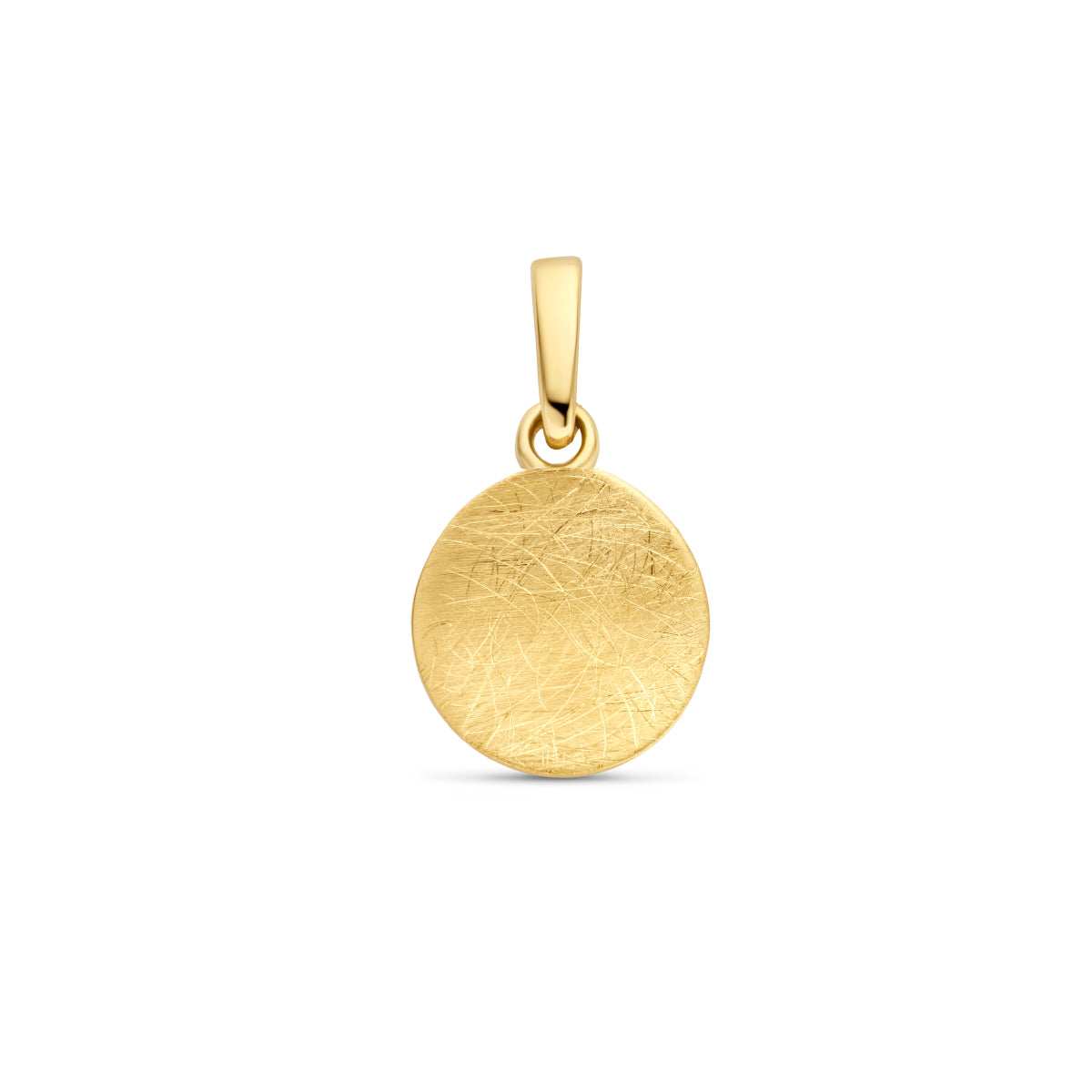 Vooraanzicht van de 14 karaat gouden hanger rond, 14 mm hoog.