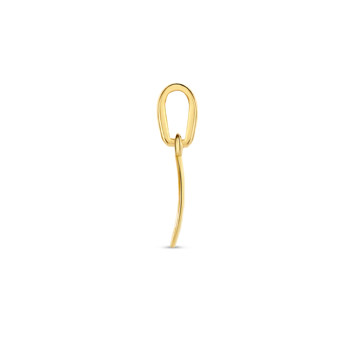 Zijaanzicht van de 14 karaat gouden hanger rond, zodat de diepte van de hanger zichtbaar is.