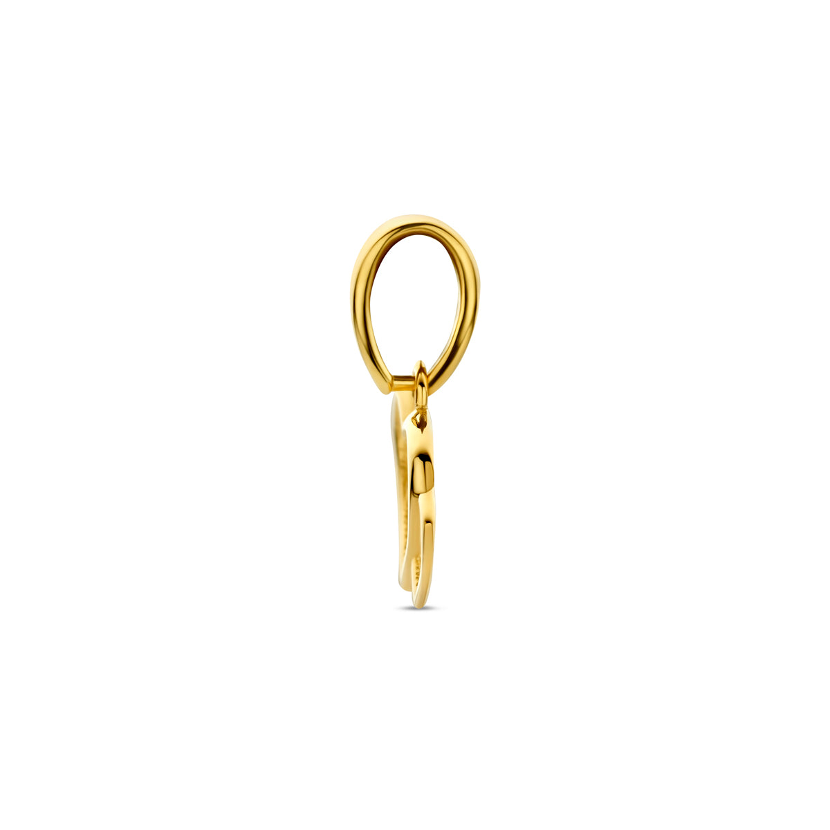 Zijaanzicht van de gouden hanger met twee hartjes van 14 karaat.