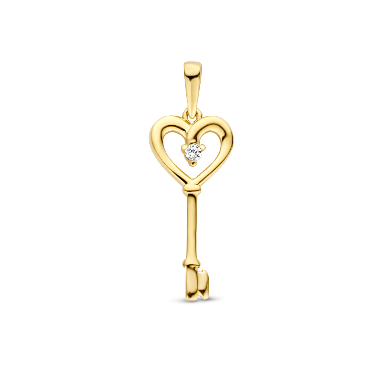 Vooraanzicht van de gouden hart en sleutel hanger met zirkonia van 14 karaat.
