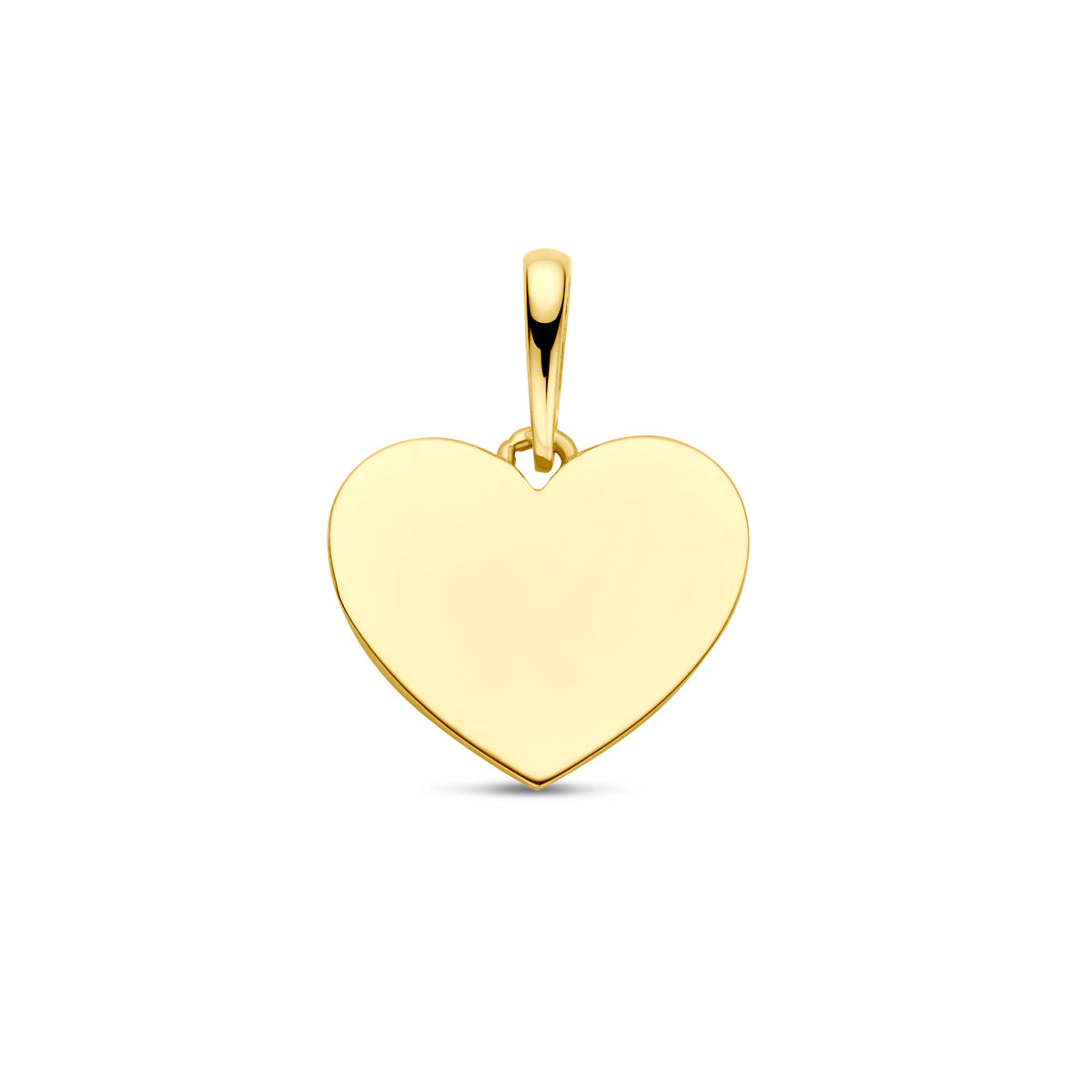 Vooraanzicht van de gouden hart graveerhanger van 14 karaat.