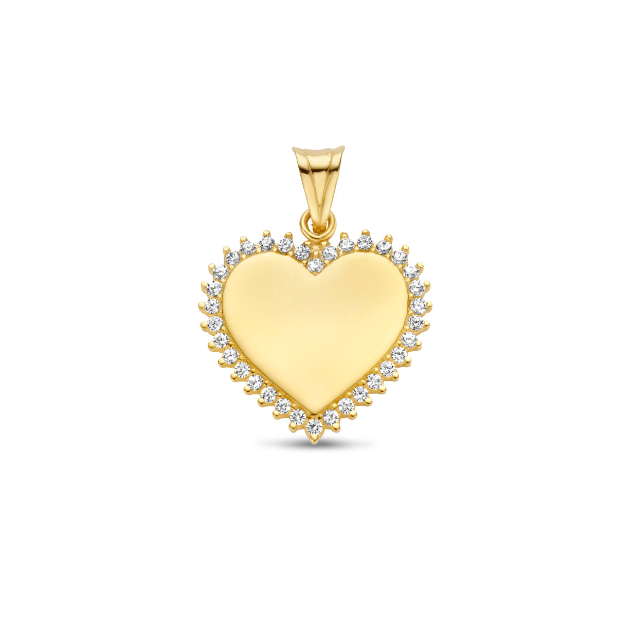 Vooraanzicht van de gouden hart graveerhanger met zirkonia van 14 karaat.