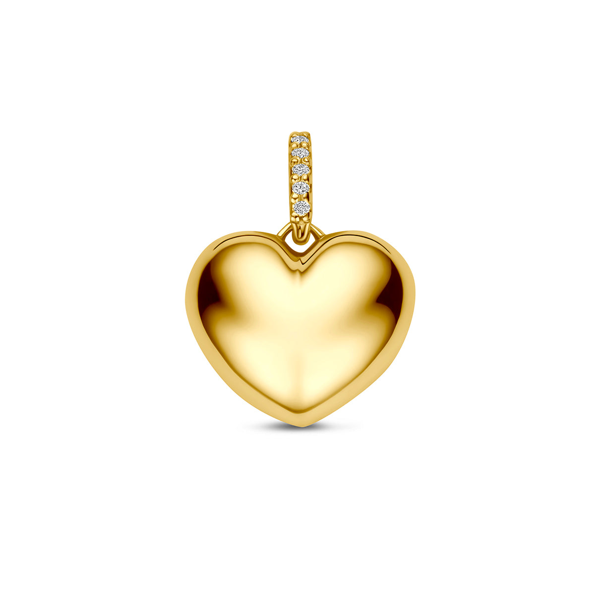 Vooraanzicht van de gouden hart hanger met diamant van 14 karaat.