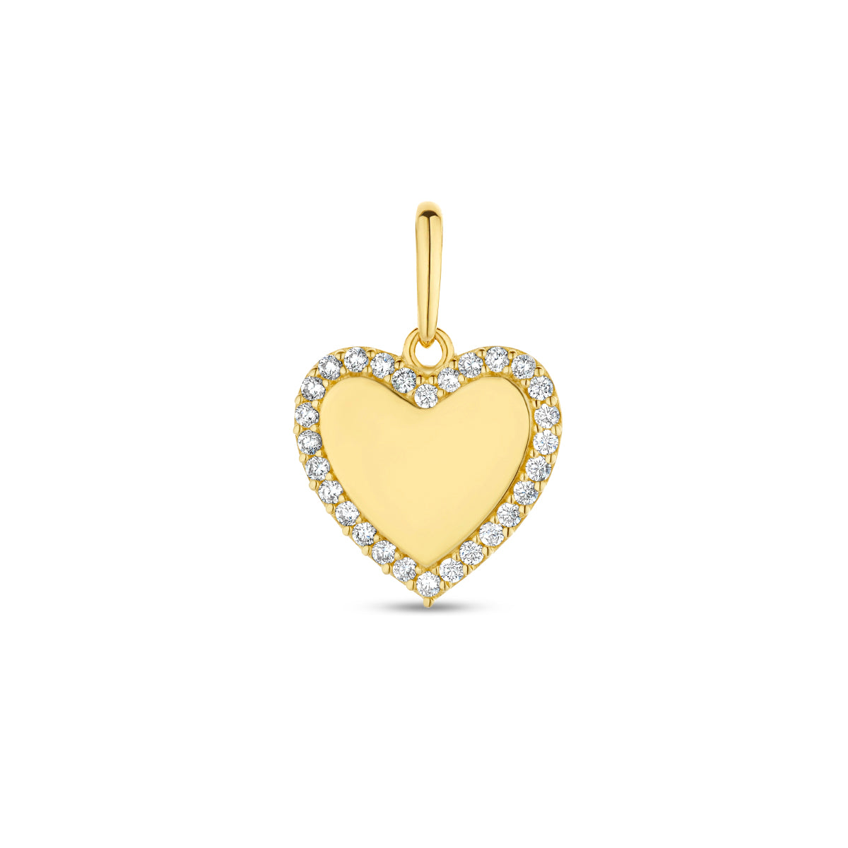 Vooraanzicht van de gouden hart hanger met zirkonia van 14 karaat.