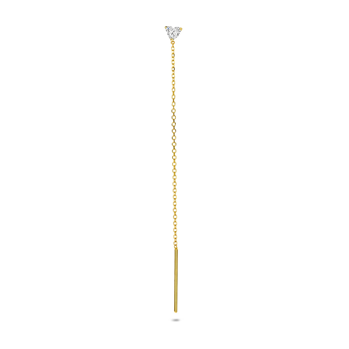 Vooraanzicht van de gouden hartje doortrekoorbel met lab grown diamant van 14 karaat.