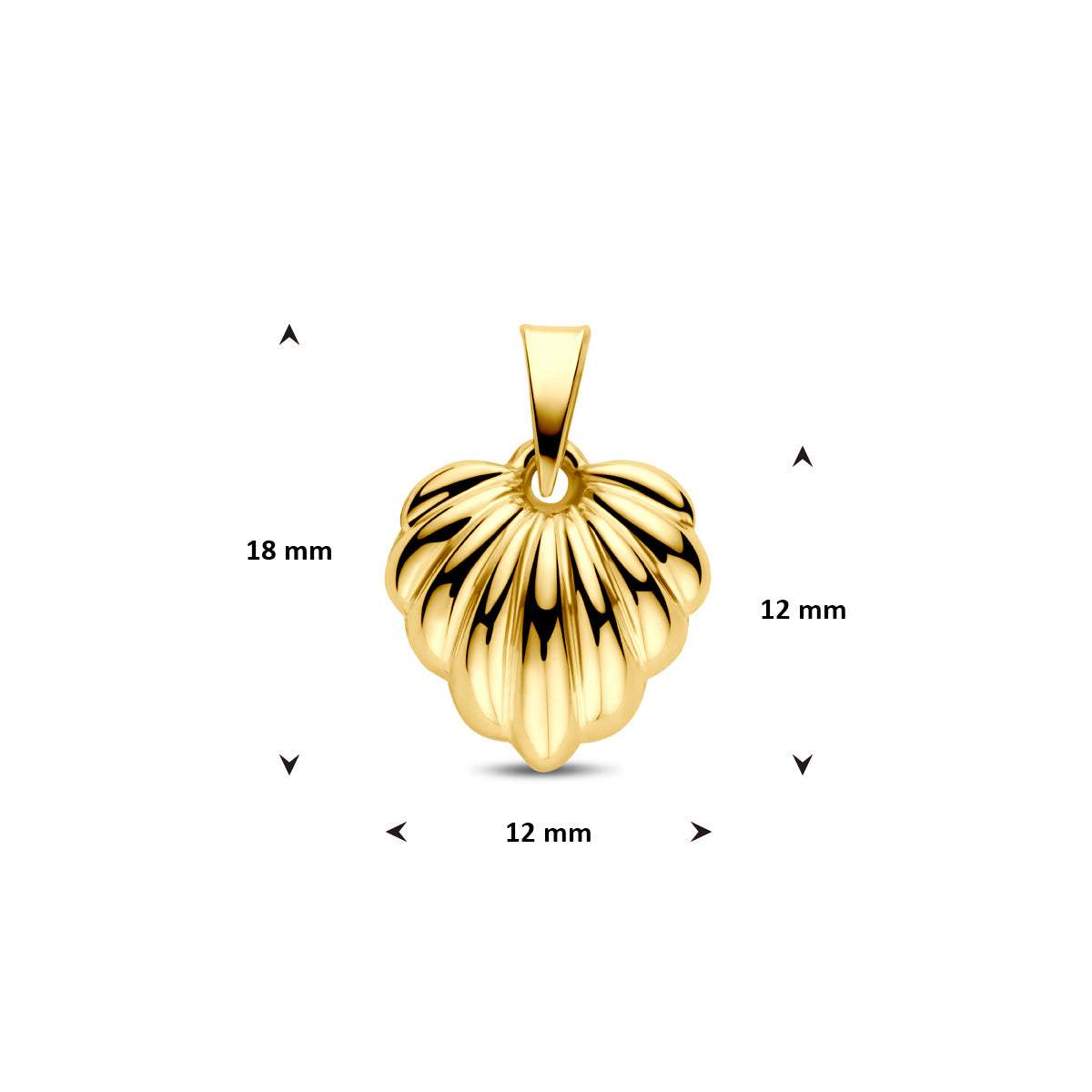 Afmetingen van de gouden hartje hanger van 14 karaat: 18 mm hoog inclusief oog, 12 mm zonder oog en 12 mm breed.