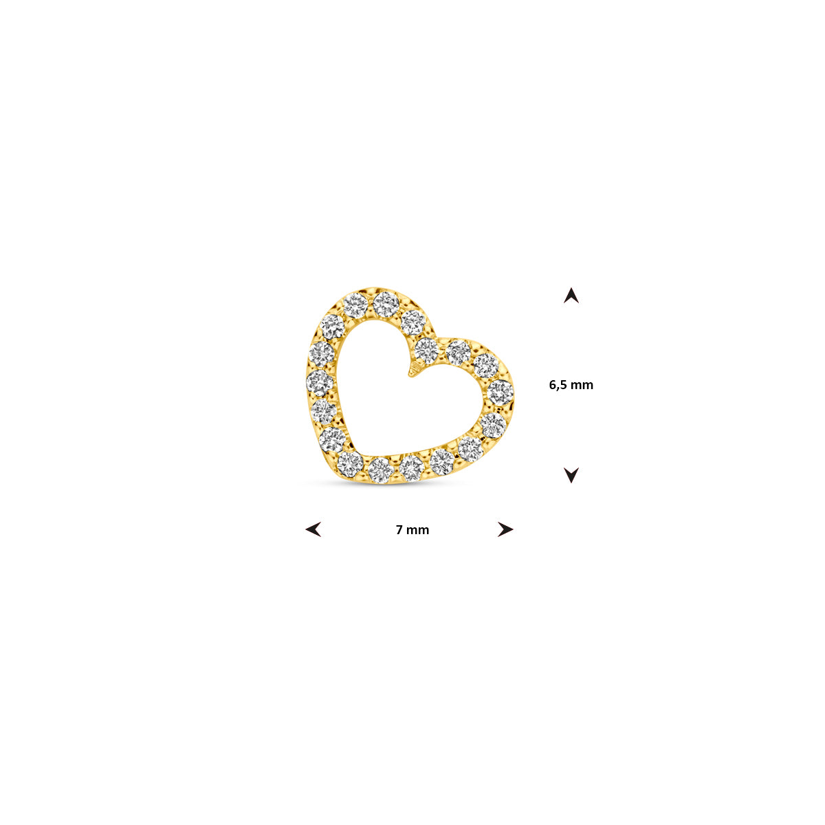 Afmetingen van de gouden hartje hanger met diamant van 14 karaat: 6,5 mm hoog en 7 mm breed.