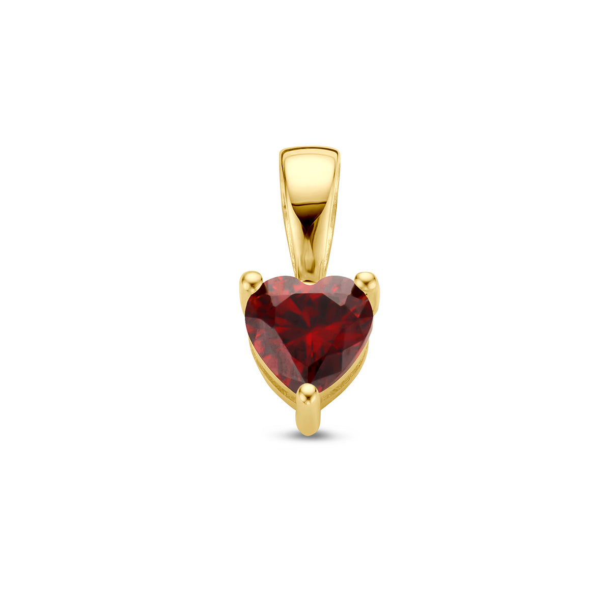 Vooraanzicht van de gouden hartje hanger met geboortesteen van 14 karaat (januari).