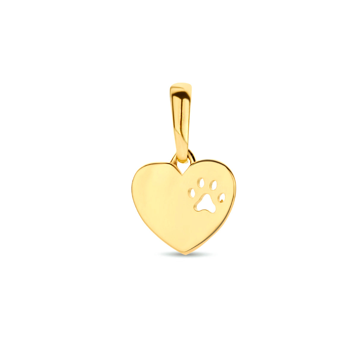 Vooraanzicht van de gouden hartje hanger met hondenpootje van 14 karaat.