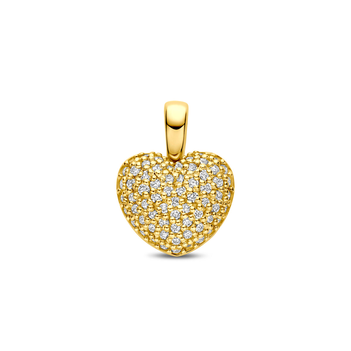 Vooraanzicht van de 14k gouden hanger hartje met lab grown diamant.