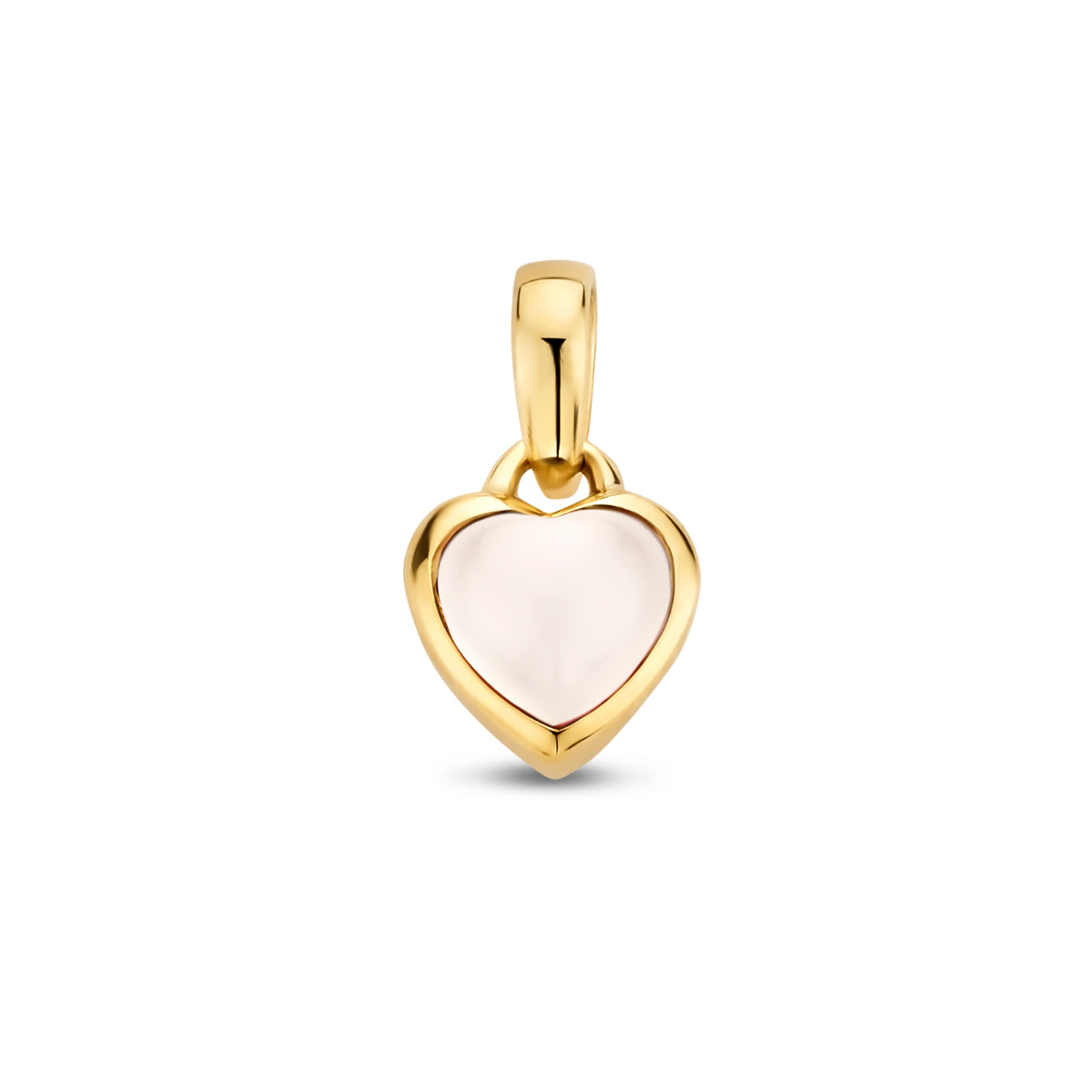 Vooraanzicht van de gouden hartje hanger met witte maansteen van 14 karaat.