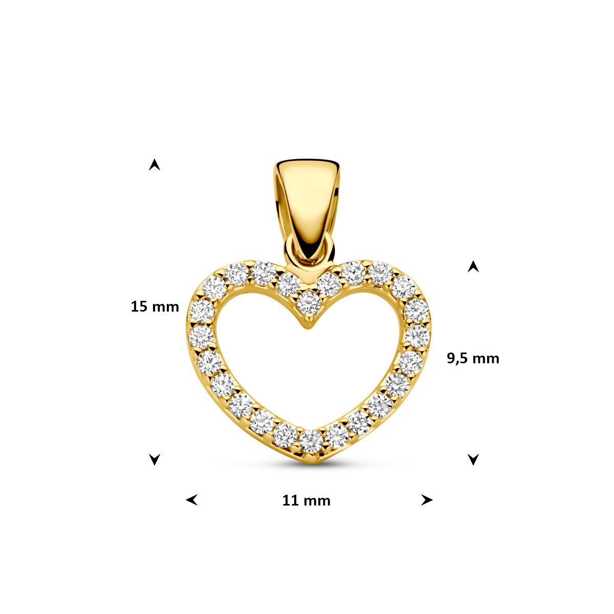 Afmetingen van de gouden hartje hanger met zirkonia van 14 karaat: 15 mm hoog inclusief oog, 9,5 mm zonder oog en 11 mm breed.